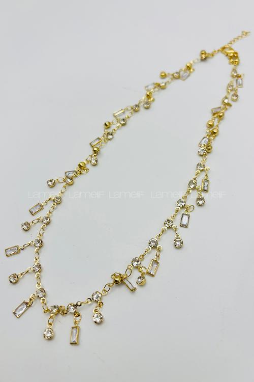 Lamelif Gold Çelik Kristal Taşlı Sallantılı Kararmaz Kolye