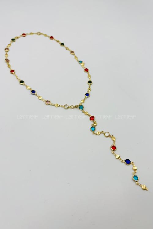 Lamelif Gold Çokrenkli Oval Taşlı Y Kolye