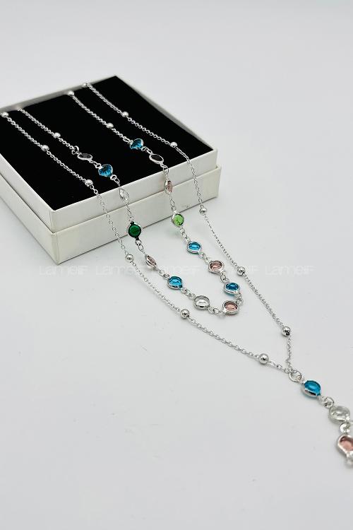 Lamelif Gümüş 2li Çokrenkli Oval Y Kolye