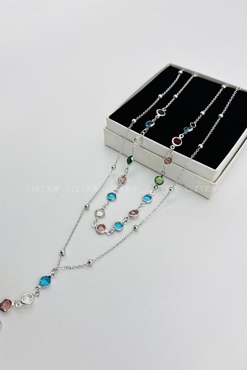 Lamelif Gümüş 2li Çokrenkli Oval Y Kolye