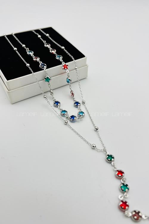 Lamelif Gümüş 2li Çokrenkli Yıldız Y Kolye