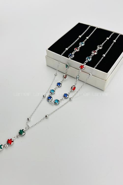 Lamelif Gümüş 2li Çokrenkli Yıldız Y Kolye