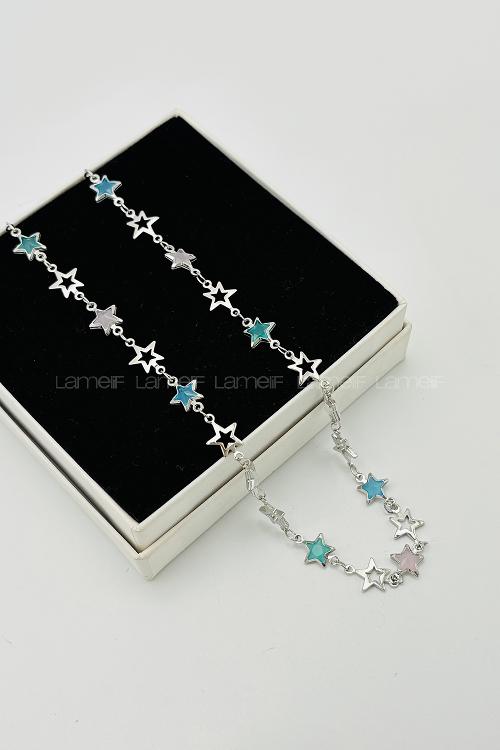 Lamelif Gümüş Çelik Çokrenkli Kristal Taşlı Yıldız Kararmaz Kolye