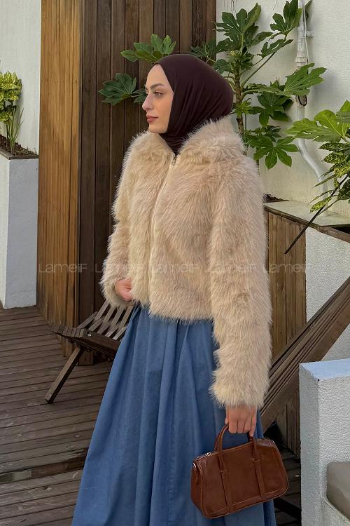Lamelif Kısa Kürk Mont Bej