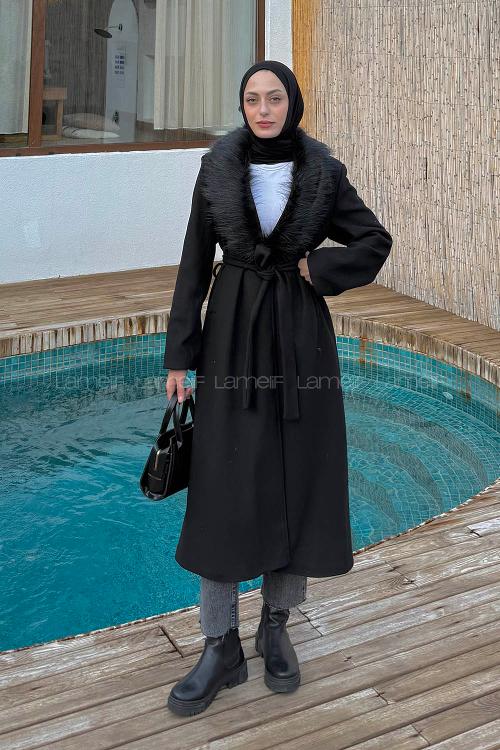 Lamelif Kürk Yakalı Kaban Siyah