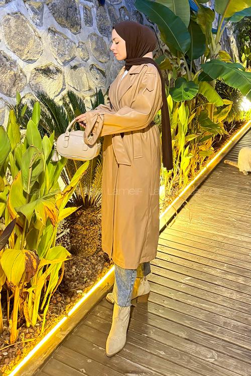 Lamelif Omuz Apoletli Deri Trençkot Sütlü Kahve