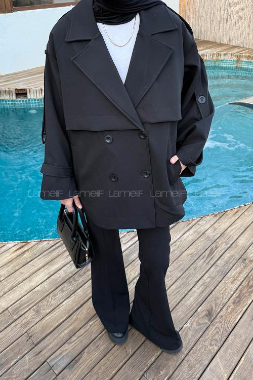 Lamelif Omuz Apoletli Kısa Trençkot Siyah