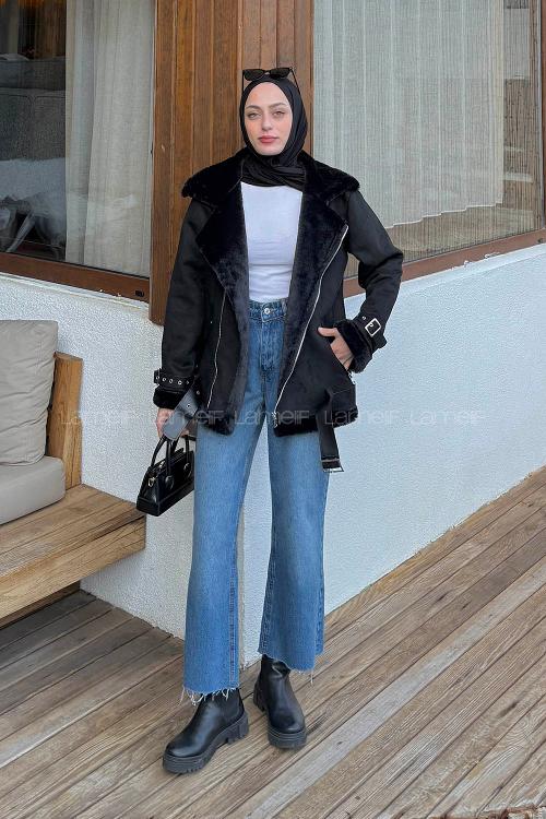 Lamelif Süet Kürklü Ceket Siyah