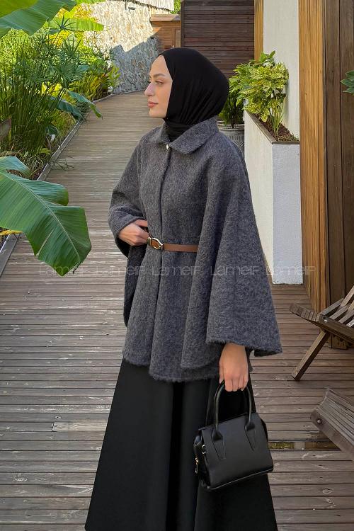 Lamelif Tek Düğmeli Beli Kemerli Sakallı Panço Antrasit