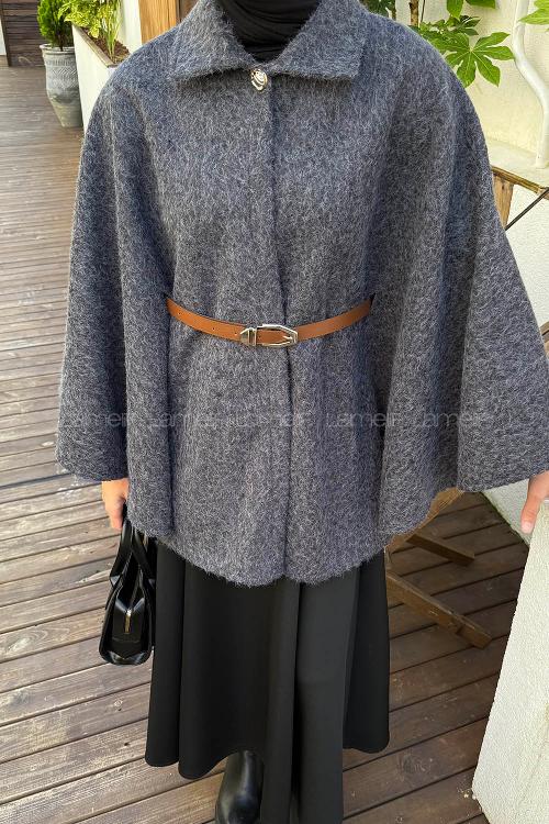 Lamelif Tek Düğmeli Beli Kemerli Sakallı Panço Antrasit