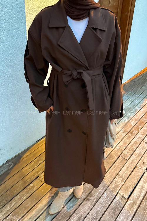 Lamelif Uzun Apoletli Trenç Kahverengi