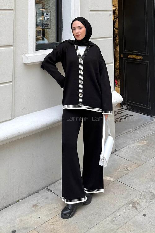 Lamelif Çizgili Triko Takım Siyah
