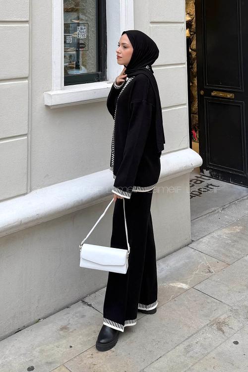 Lamelif Çizgili Triko Takım Siyah