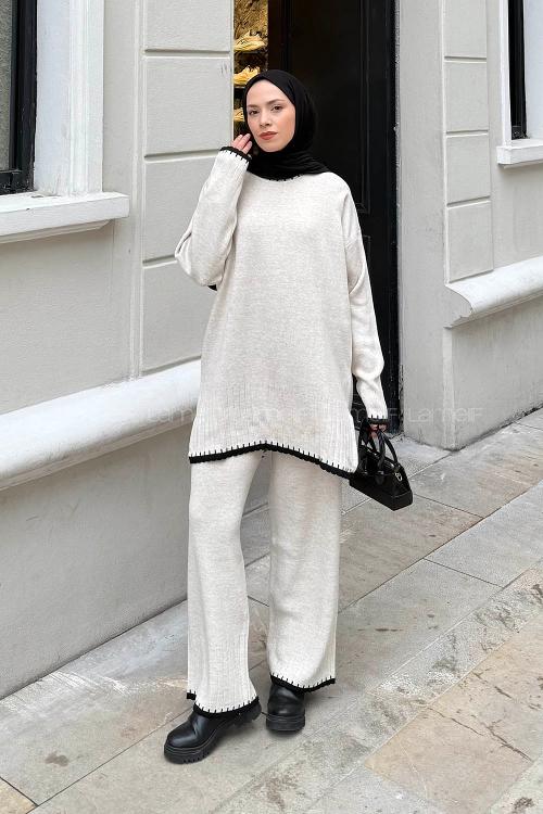 Beige Crew Neck Long Arm Acrylic Regular Trousers Suit