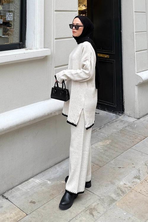 Beige Crew Neck Long Arm Acrylic Regular Trousers Suit