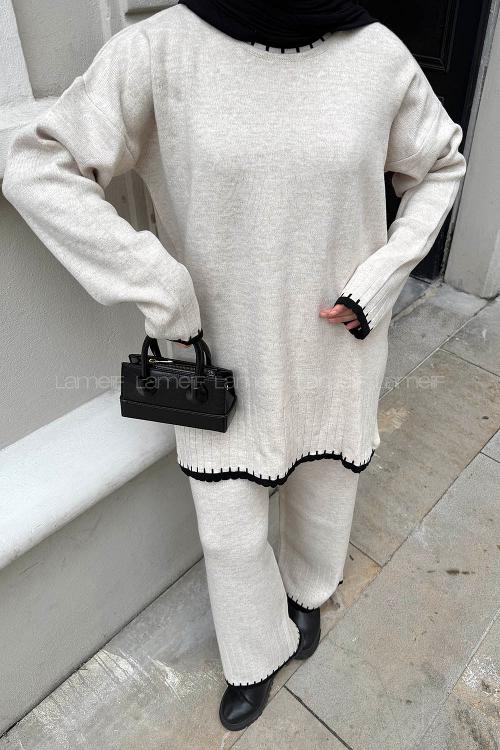 Beige Crew Neck Long Arm Acrylic Regular Trousers Suit