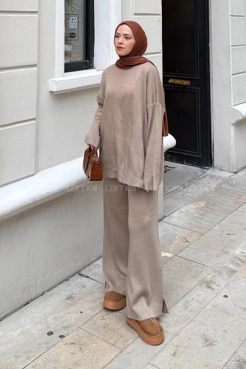 Lamelif Düz Bisiklet Yaka Takım Koyu Vizonrengi