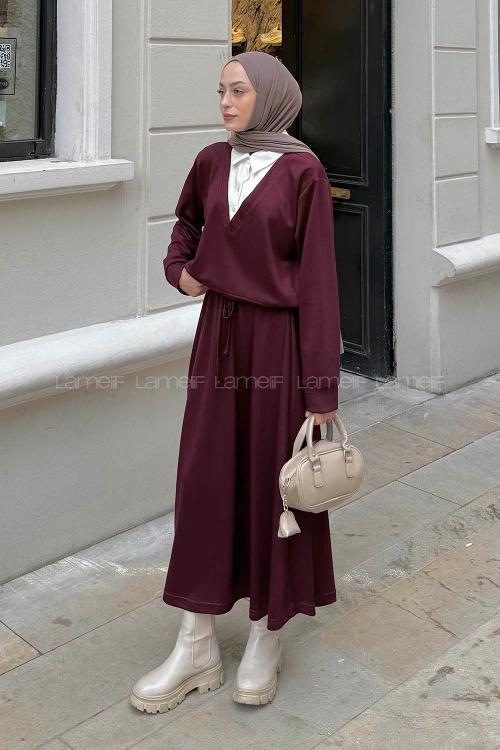 Lamelif Garni Yaka Etekli Takım Bordo