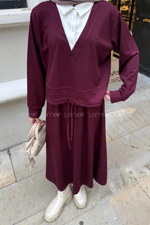 Lamelif Garni Yaka Etekli Takım Bordo
