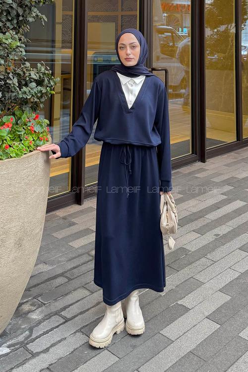 Lamelif Garni Yaka Etekli Takım Lacivert