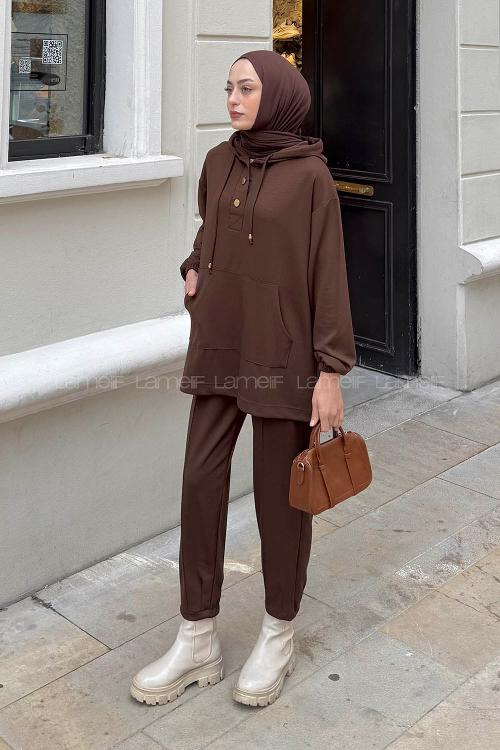 Lamelif Kapüşonlu İkili Takım Acı Kahve