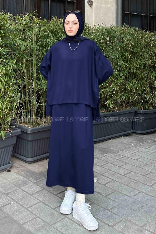 Lamelif Kristal Etekli Tesettür Takım Lacivert