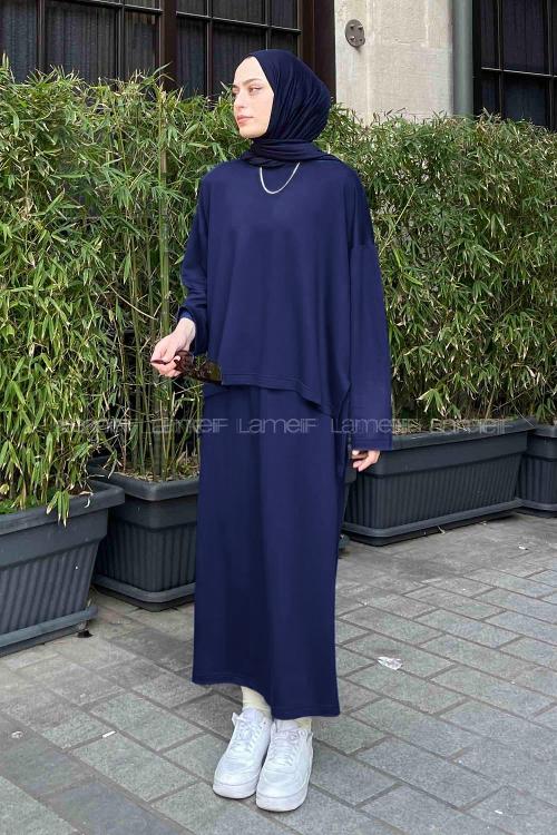 Lamelif Kristal Etekli Tesettür Takım Lacivert