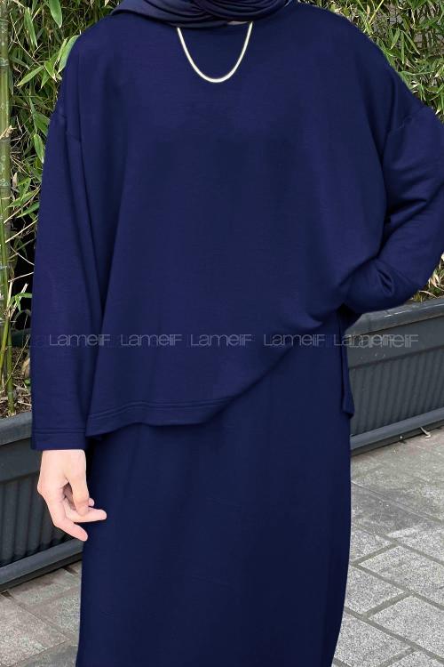 Lamelif Kristal Etekli Tesettür Takım Lacivert
