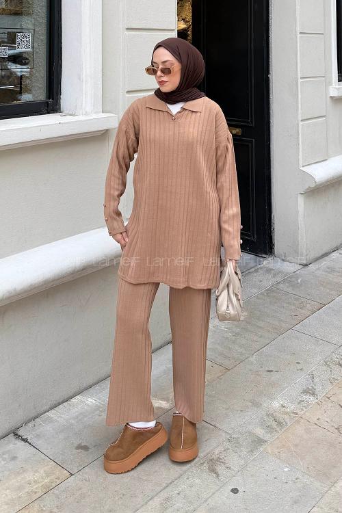 Camel Shirt Collar Long Arm Acrylic Regular Trousers Suit