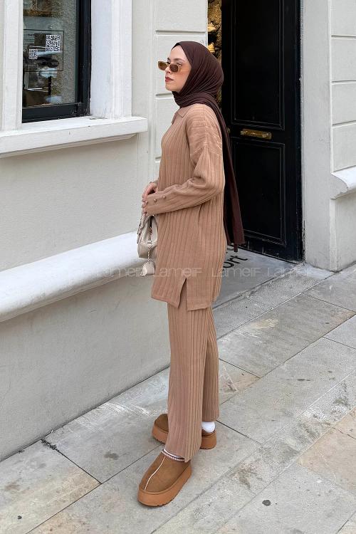 Camel Shirt Collar Long Arm Acrylic Regular Trousers Suit
