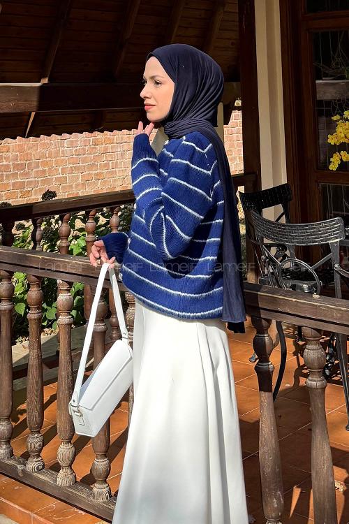 Lamelif Çizgi Detaylı Hırka Lacivert