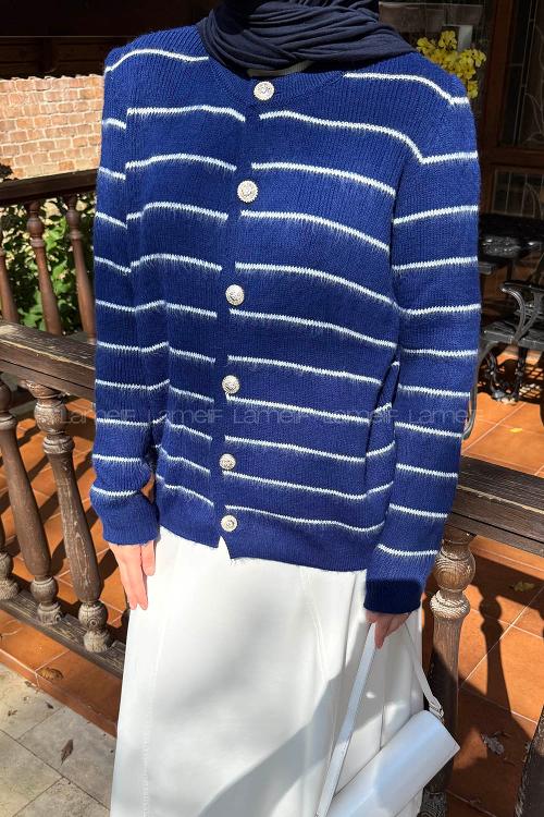 Lamelif Çizgi Detaylı Hırka Lacivert