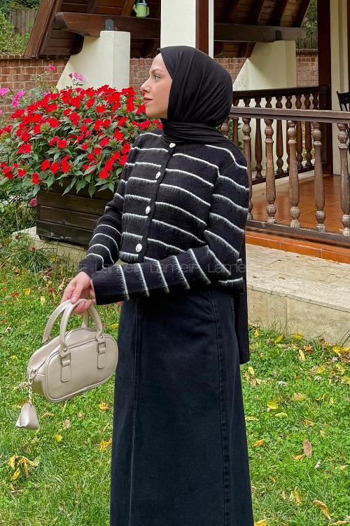 Lamelif Çizgi Detaylı Hırka Siyah