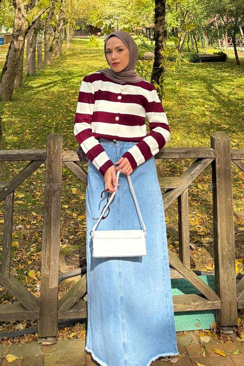 Lamelif Düğme Detaylı Çizgili Hırka Bordo