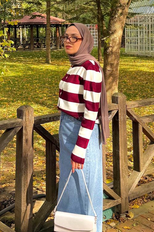 Lamelif Düğme Detaylı Çizgili Hırka Bordo