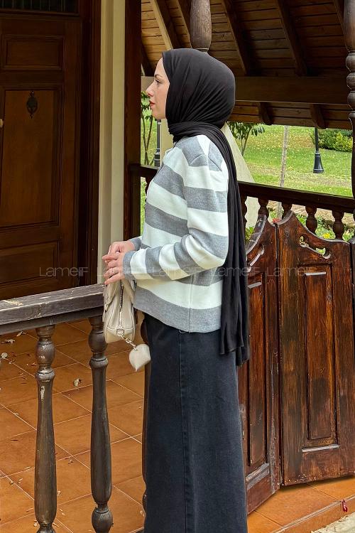 Lamelif Düğme Detaylı Çizgili Hırka Gri