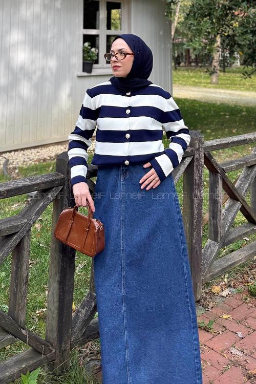 Lamelif Düğme Detaylı Çizgili Hırka Lacivert