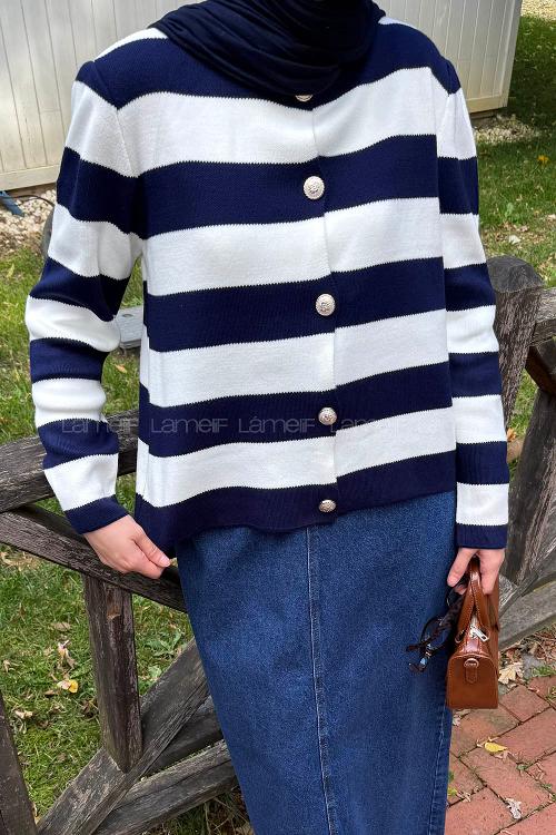 Lamelif Düğme Detaylı Çizgili Hırka Lacivert