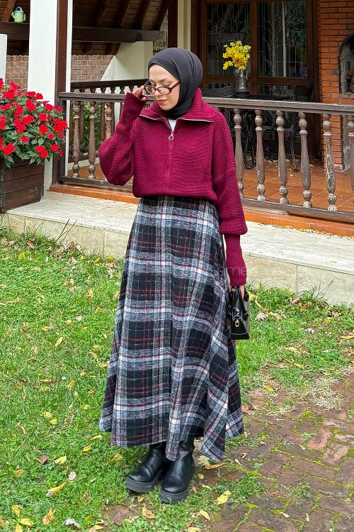 Lamelif Fermuarlı Triko Hırka Bordo