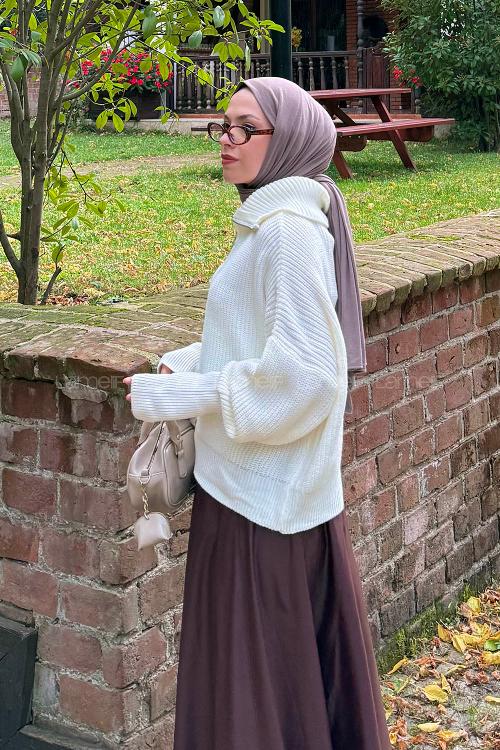 Lamelif Fermuarlı Triko Hırka Krem