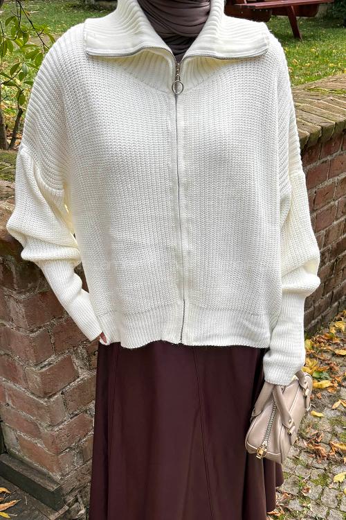 Lamelif Fermuarlı Triko Hırka Krem