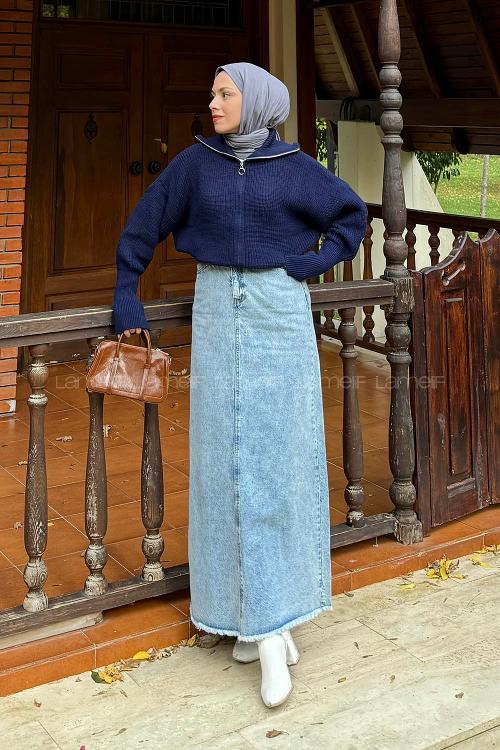 Lamelif Fermuarlı Triko Hırka Lacivert