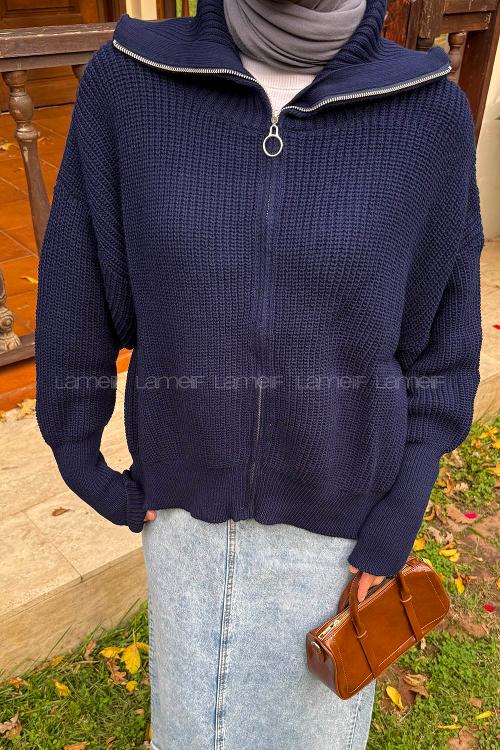 Lamelif Fermuarlı Triko Hırka Lacivert