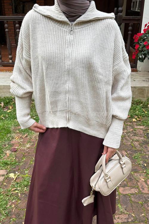 Lamelif Fermuarlı Triko Hırka Taş Rengi