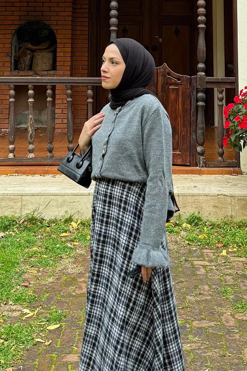 Lamelif Fırfır Detaylı Hırka Gri