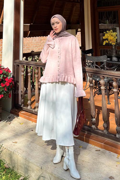 Lamelif Fırfır Detaylı Hırka Pudra