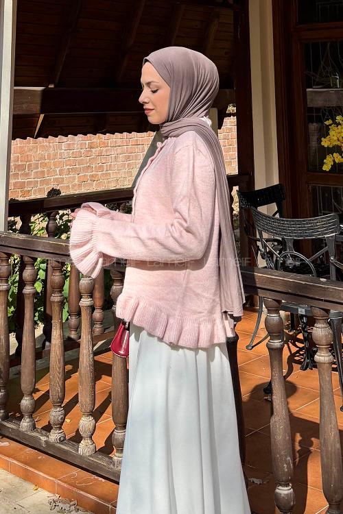 Lamelif Fırfır Detaylı Hırka Pudra