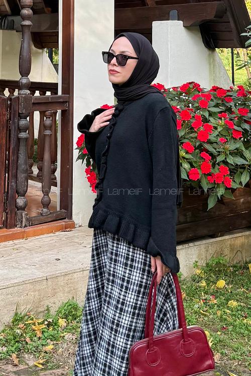 Lamelif Fırfır Detaylı Hırka Siyah