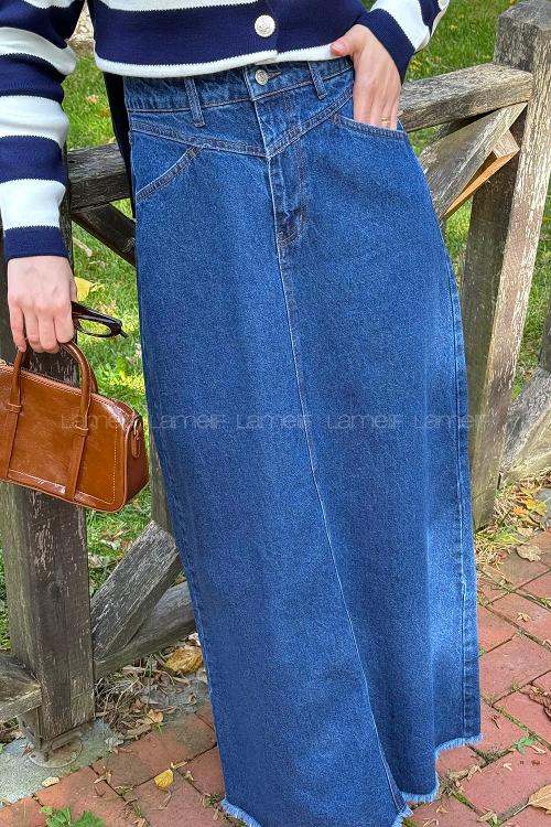 Lamelif Püskül Detaylı Kot Etek Koyu Mavi