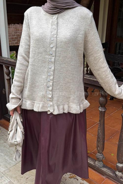 Lamelif Taş Düğmeli Hırka Soft Kahve